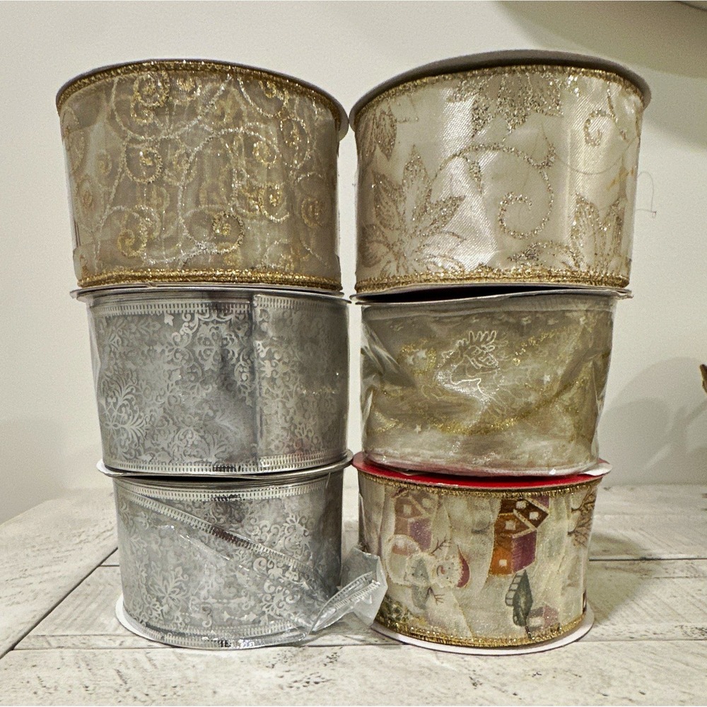 Lot of 6 Holiday Wired Ribbons -(Gold/Silver/Cream)